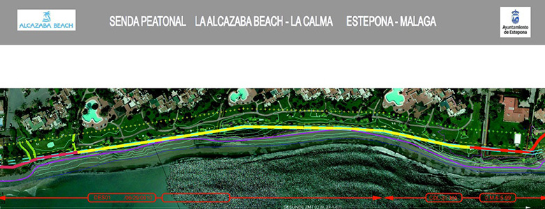 Plano de la senda propuesta al Ayuntamiento de Estepona y composición fotográfica de cómo quedaría la entrada por la zona este (al final de la Fase IV)